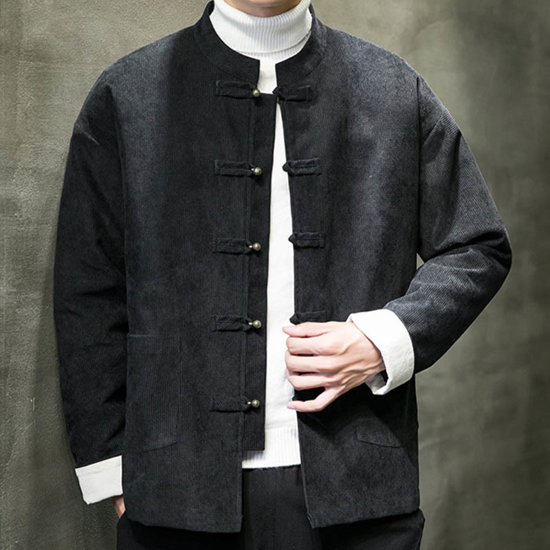 Buddha Stones Jednolity Kolor Żaba-guzik Bawełna Męska Kurtka Koszula Odzież - Czarny - US/UK/AU46， EU56 (5XL) - image 0