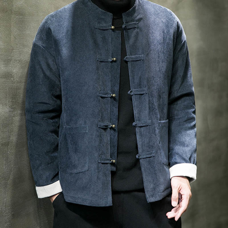 Buddha Stones Jednolity Kolor Żaba-guzik Bawełna Męska Kurtka Koszula Odzież - Stalowoniebieski - US/UK/AU46， EU56 (5XL) - image 9