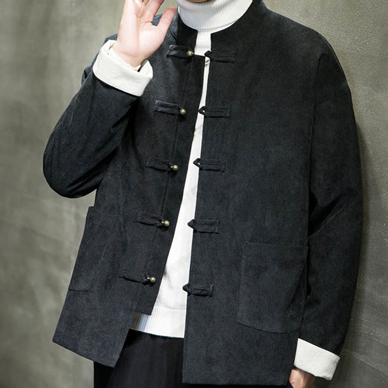 Buddha Stones Jednokolorowa męska kurtka z guzikami w kształcie żaby - image 2