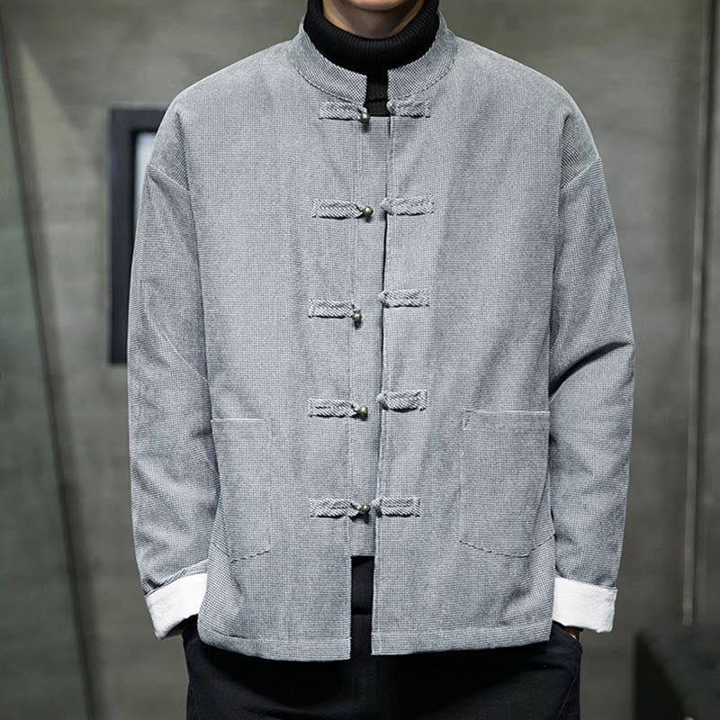 Buddha Stones Jednokolorowa męska kurtka z guzikami w kształcie żaby - Szary - US/UK/AU46， EU56 (5XL) - image 16