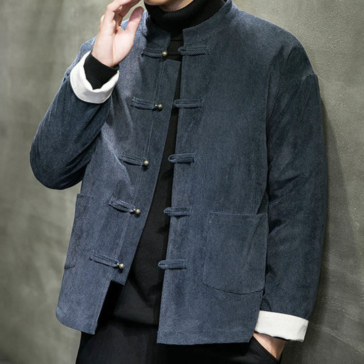 Buddha Stones Jednokolorowa męska kurtka z guzikami w kształcie żaby - image 10