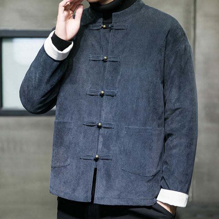 Buddha Stones Jednokolorowa męska kurtka z guzikami w kształcie żaby - image 11