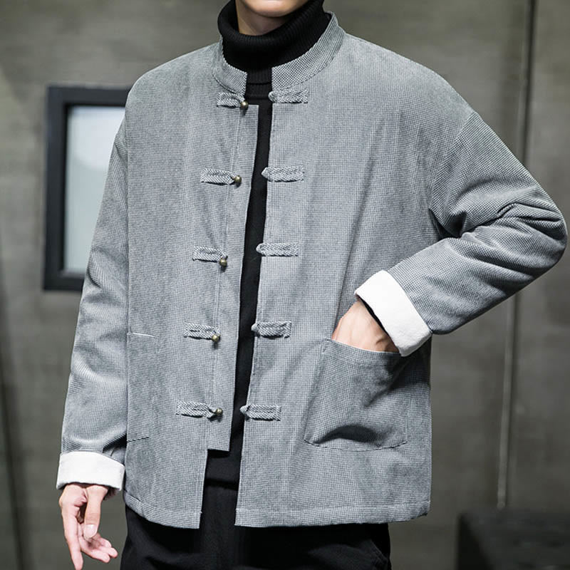 Buddha Stones Jednokolorowa męska kurtka z guzikami w kształcie żaby - image 22