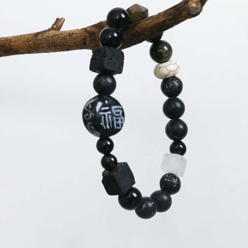Buddha Stones Czarny Onyks Ceramika Agat Czarny Brokat Kamień Fortune Fu Charakter Bransoletka