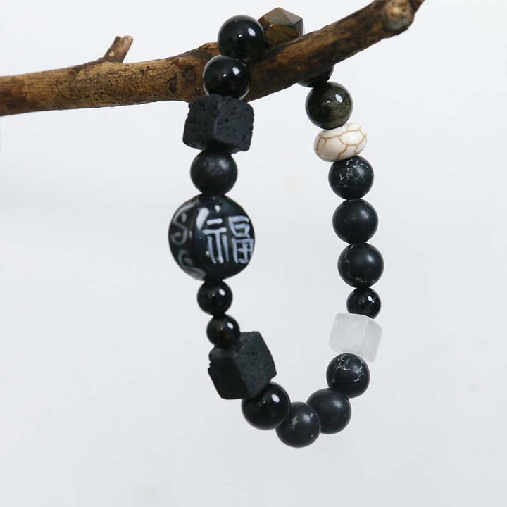 Buddha Stones Czarny Onyks Ceramika Agat Czarny Brokat Kamień Fortune Fu Charakter Bransoletka
