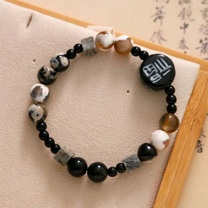 Buddha Stones Czarny Onyks Ceramika Agat Czarny Brokat Kamień Fortune Fu Charakter Bransoletka