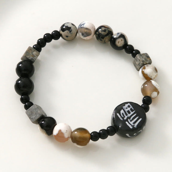 Buddha Stones Czarny Onyks Ceramika Agat Czarny Brokat Kamień Fortune Fu Charakter Bransoletka