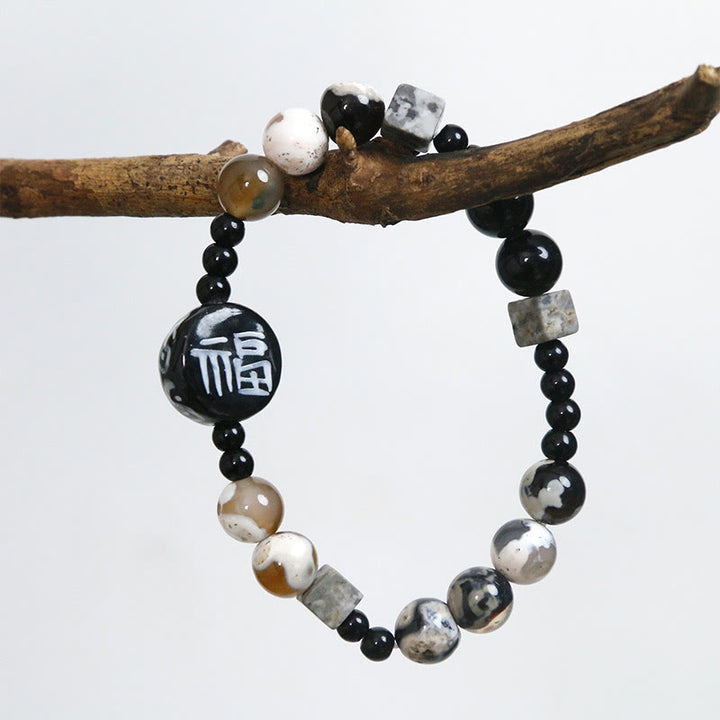 Buddha Stones Czarny Onyks Ceramika Agat Czarny Brokat Kamień Fortune Fu Charakter Bransoletka