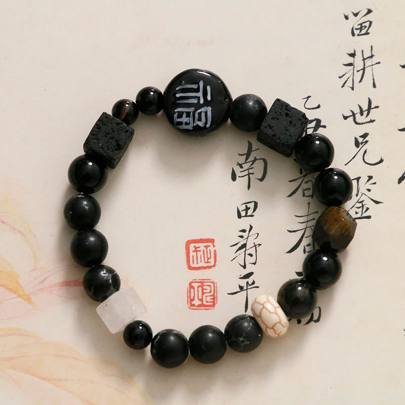 Buddha Stones Czarny Onyks Ceramika Agat Czarny Brokat Kamień Fortune Fu Charakter Bransoletka