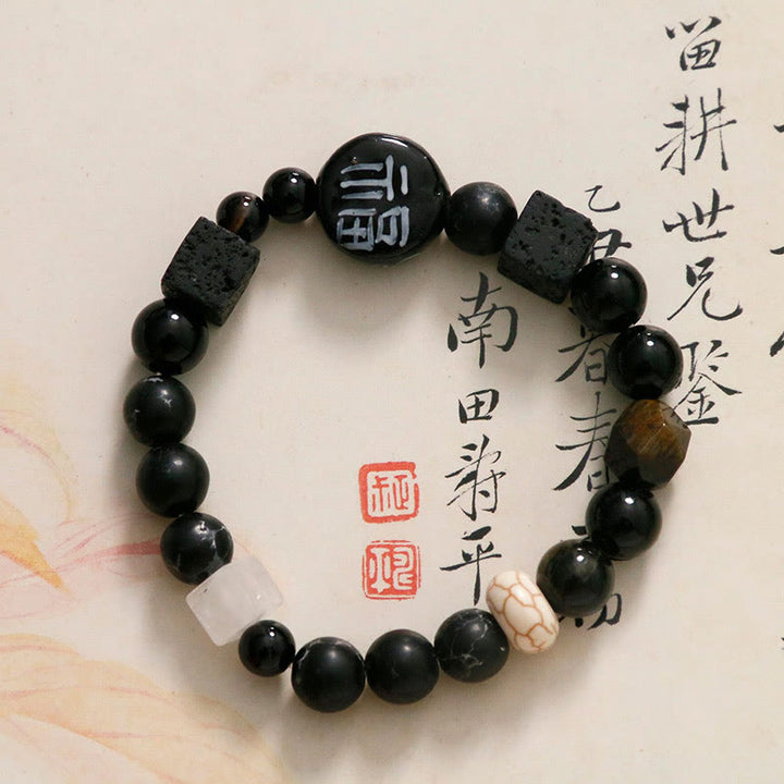 Buddha Stones Czarny Onyks Ceramika Agat Czarny Brokat Kamień Fortune Fu Charakter Bransoletka