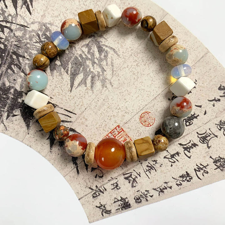 Buddha Stones Agat Czerwony Shoushan Kamień Biały Turkus Spokój Błogosławieństwo Bransoletka