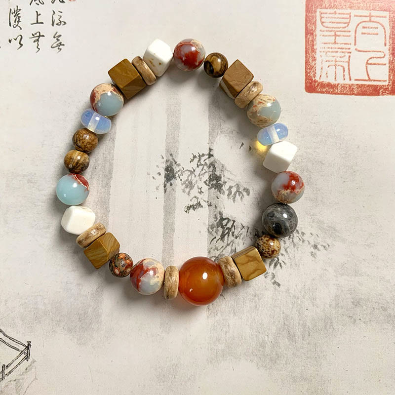 Buddha Stones Agat Czerwony Shoushan Kamień Biały Turkus Spokój Błogosławieństwo Bransoletka