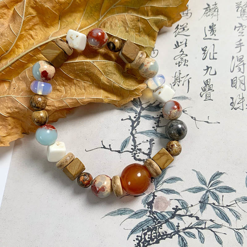 Buddha Stones Agat Czerwony Shoushan Kamień Biały Turkus Spokój Błogosławieństwo Bransoletka