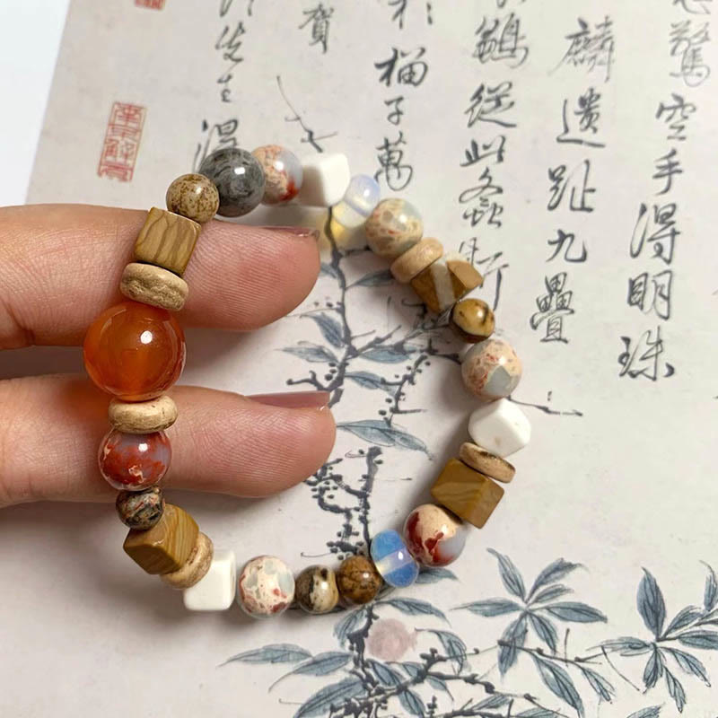 Buddha Stones Agat Czerwony Shoushan Kamień Biały Turkus Spokój Błogosławieństwo Bransoletka
