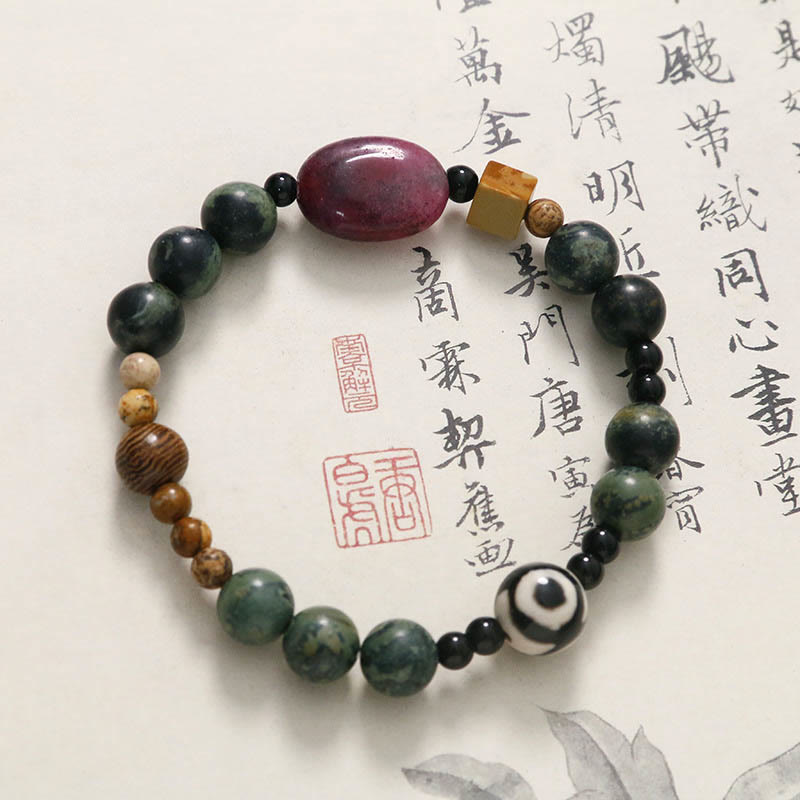 Bransoletka z Buddha Stones Green Agat Three-eyed Dzi Power Success