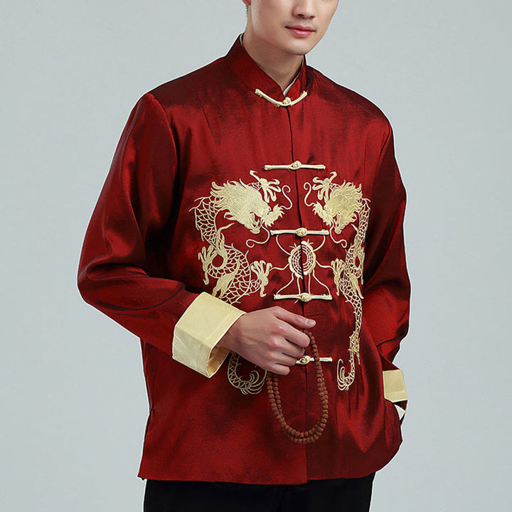 Kamienie Buddha Stones Zwrócone Rękawy Casual Żabka-guzik Poliester Włókno Męska Kurtka Koszula Spodnie Odzież - Ciemnoczerwony (runo) - US/UK/AU42， EU52 (3XL) - image 0