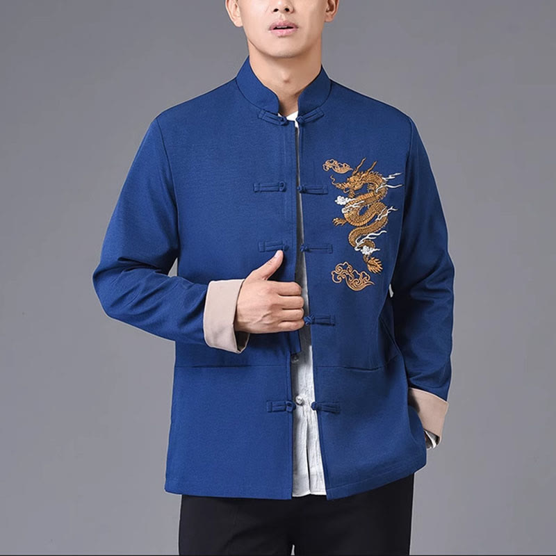 Buddha Stones Smok Haft Żaba-guzik Poliester Męska Kurtka Koszula Odzież Z Kieszeniami - Ciemnoniebieski - US/UK/AU44， EU54 (4XL) - image 16