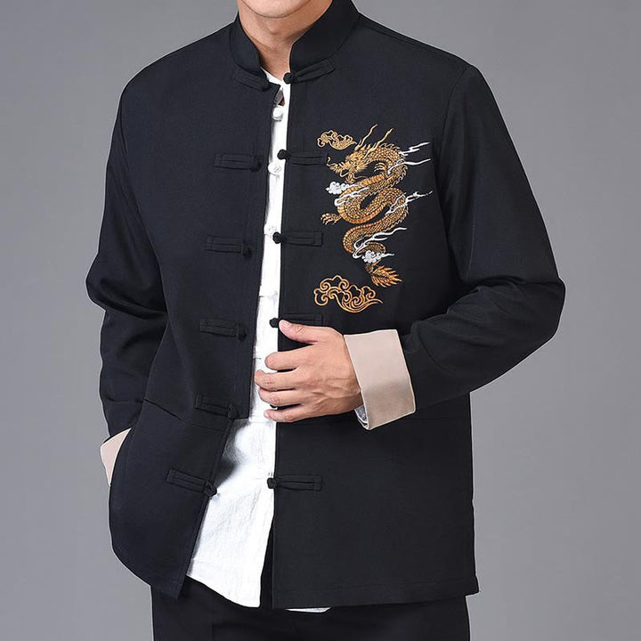Buddha Stones Smok Haft Żaba-guzik Poliester Męska Kurtka Koszula Odzież Z Kieszeniami - Czarny - US/UK/AU44， EU54 (4XL) - image 0