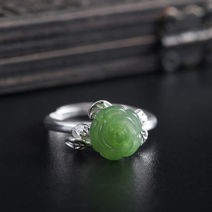 Pierścionek ze srebra próby 925 z Buddha Stones i zieloną różą, regulowany, z jadeitem i szczęściem