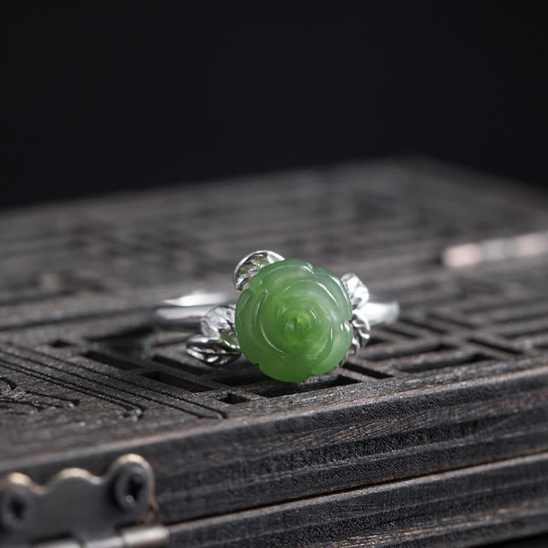 Pierścionek ze srebra próby 925 z Buddha Stones i zieloną różą, regulowany, z jadeitem i szczęściem