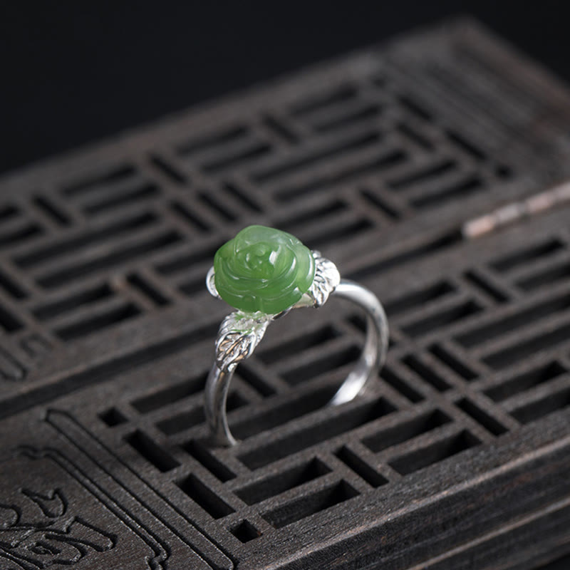 Pierścionek ze srebra próby 925 z Buddha Stones i zieloną różą, regulowany, z jadeitem i szczęściem