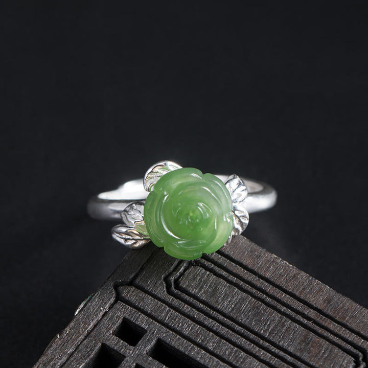 Pierścionek ze srebra próby 925 z Buddha Stones i zieloną różą, regulowany, z jadeitem i szczęściem - Róża Jadeitowa (obwód: 56-59 mm) - image 0