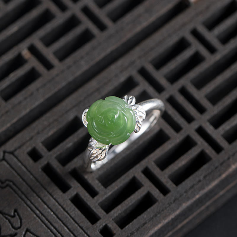 Pierścionek ze srebra próby 925 z Buddha Stones i zieloną różą, regulowany, z jadeitem i szczęściem