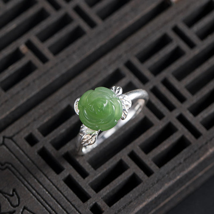 Pierścionek ze srebra próby 925 z Buddha Stones i zieloną różą, regulowany, z jadeitem i szczęściem