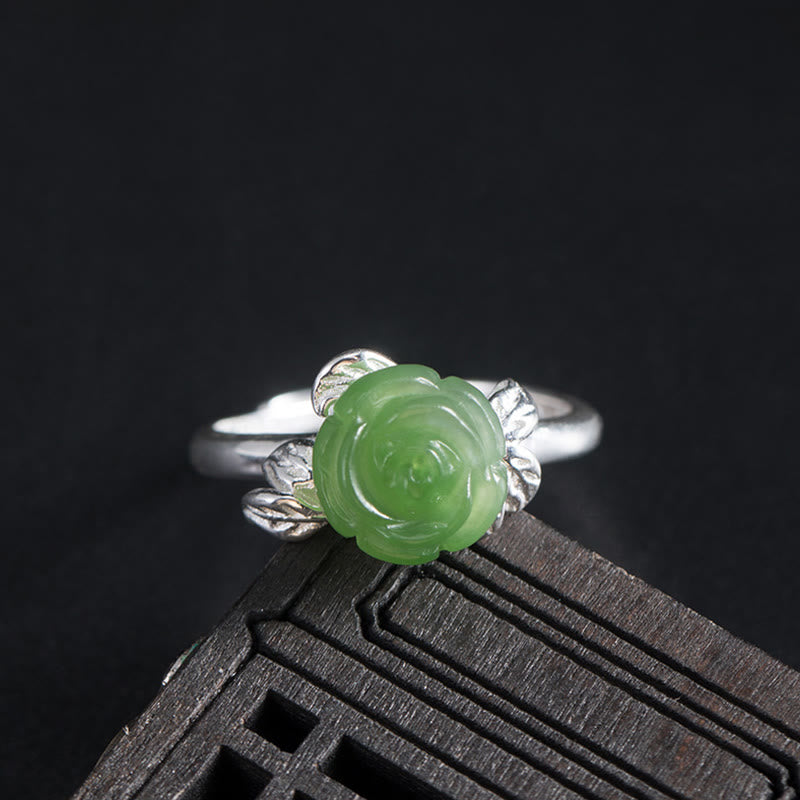 Pierścionek ze srebra próby 925 z Buddha Stones i zieloną różą, regulowany, z jadeitem i szczęściem - Róża Jadeitowa (obwód: 56-59 mm) - image 0