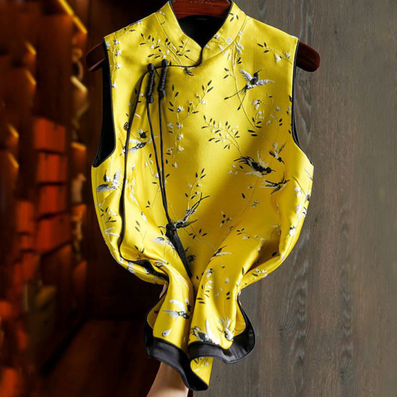 Buddha Stones Vintage Haft Żurawie Rośliny Wzór Węzeł Guzik Kamizelka - image 1