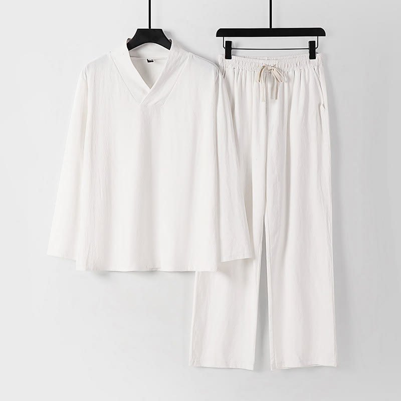 Buddha Stones Kołnierze Krzyżowe Bawełniany Strój Tang Hanfu Top Spodnie Odzież Męski Zestaw - Biały - US/UK/AU54， EU64 (9XL) - image 16