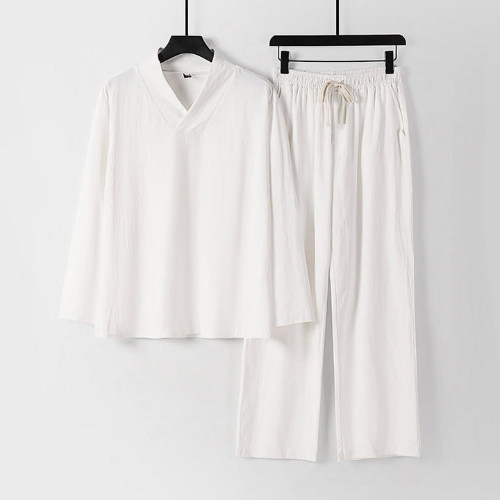 Buddha Stones Kołnierze Krzyżowe Bawełniany Strój Tang Hanfu Top Spodnie Odzież Męski Zestaw - Biały - US/UK/AU54， EU64 (9XL) - image 16