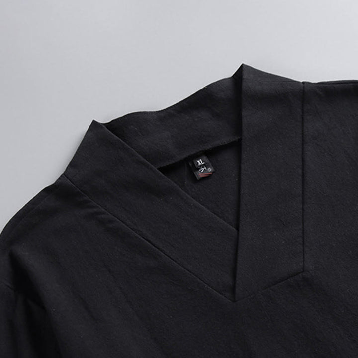 Buddha Stones Skrzyżowane Krótsze Bloomersy Bawełniany Garnitur Tang Hanfu Top Spodnie Odzież Męski Zestaw - image 12