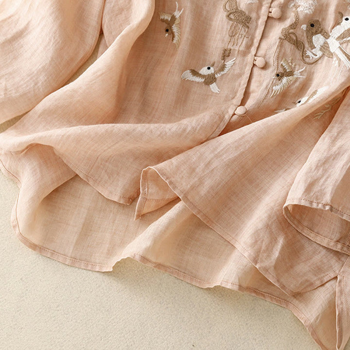 Buddha Stones Okrągły Dekolt Casual Bluzka Haft Długi Rękaw Koszula Bawełniana Lniana Top Koszule Damskie - image 3