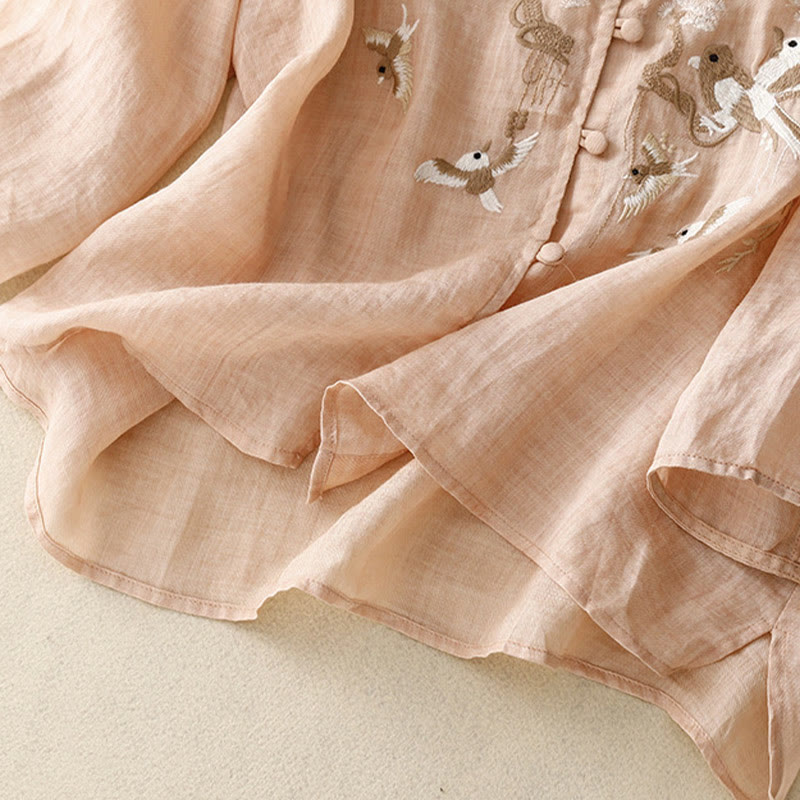 Buddha Stones Okrągły Dekolt Casual Bluzka Haft Długi Rękaw Koszula Bawełniana Lniana Top Koszule Damskie - image 3