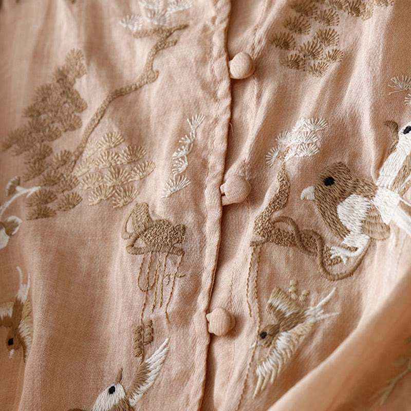 Buddha Stones Okrągły Dekolt Casual Bluzka Haft Długi Rękaw Koszula Bawełniana Lniana Top Koszule Damskie - image 1