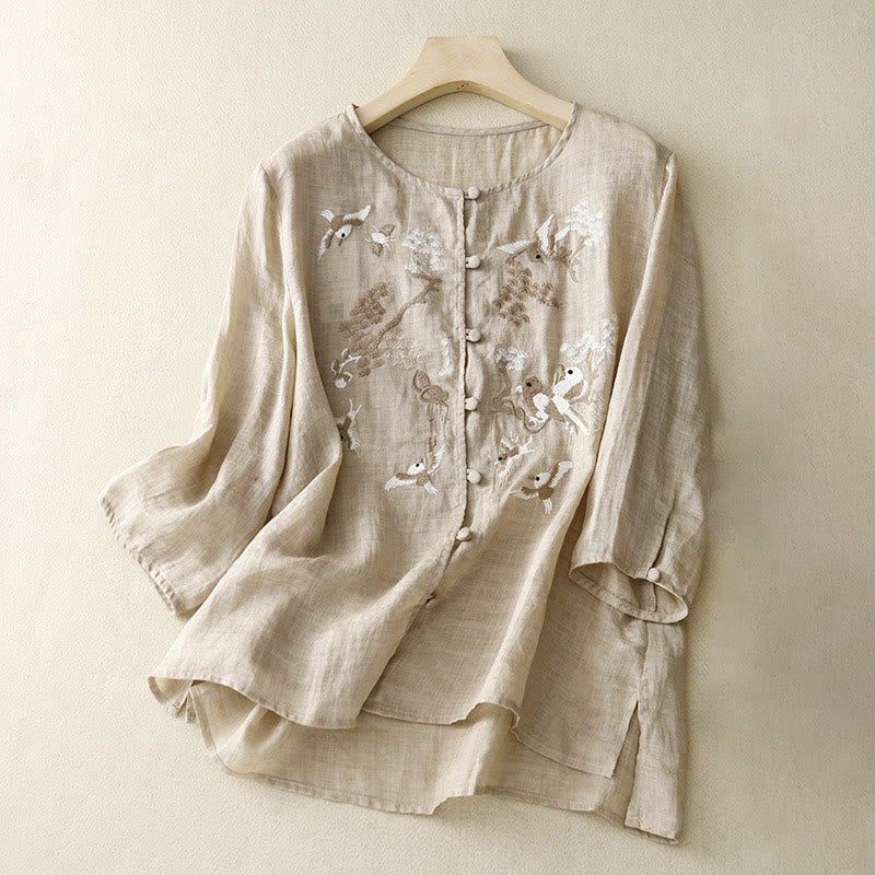 Buddha Stones Okrągły Dekolt Casual Bluzka Haft Długi Rękaw Koszula Bawełniana Lniana Top Koszule Damskie - Dębnik - US/UK/AU40, EU50 (2XL) - image 6