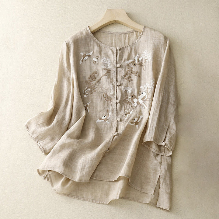 Buddha Stones Okrągły Dekolt Casual Bluzka Haft Długi Rękaw Koszula Bawełniana Lniana Top Koszule Damskie - Dębnik - US/UK/AU40, EU50 (2XL) - image 6