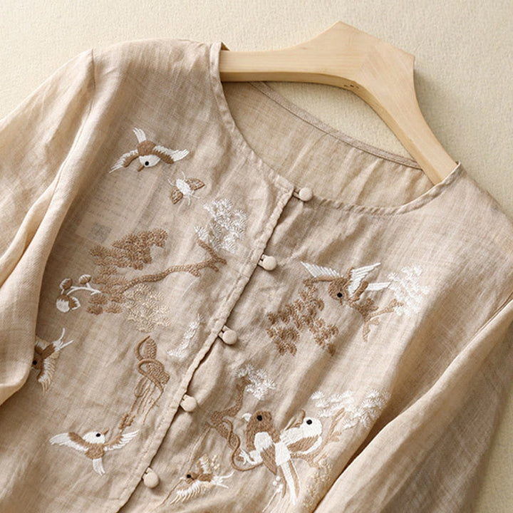 Buddha Stones Okrągły Dekolt Casual Bluzka Haft Długi Rękaw Koszula Bawełniana Lniana Top Koszule Damskie - image 8