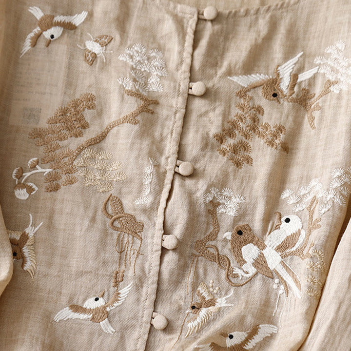 Buddha Stones Okrągły Dekolt Casual Bluzka Haft Długi Rękaw Koszula Bawełniana Lniana Top Koszule Damskie - image 9