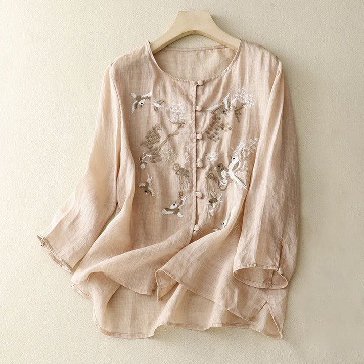 Buddha Stones Okrągły Dekolt Casual Bluzka Haft Długi Rękaw Koszula Bawełniana Lniana Top Koszule Damskie - Mokasyn - US/UK/AU40, EU50 (2XL) - image 0