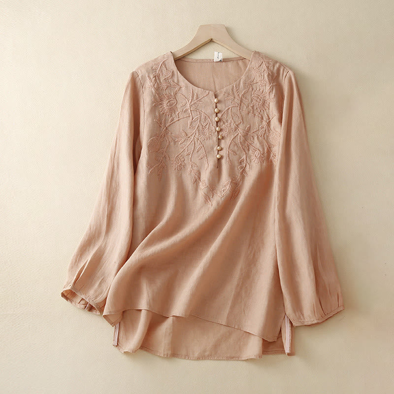 Buddha Stones Casual Haft Kwiat Okrągły Dekolt Długi Rękaw Bawełna Lniany Top Damskie Koszule - LightSalmon - US/UK/AU40, EU50 (2XL) - image 0