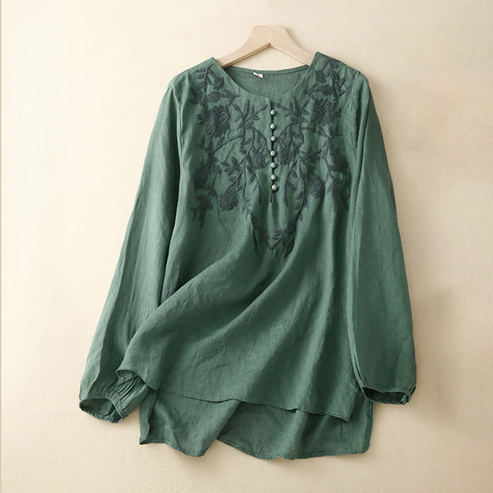 Buddha Stones Casual Haft Kwiat Okrągły Dekolt Długi Rękaw Bawełna Lniany Top Damskie Koszule - Cyraneczka - US/UK/AU40, EU50 (2XL) - image 24