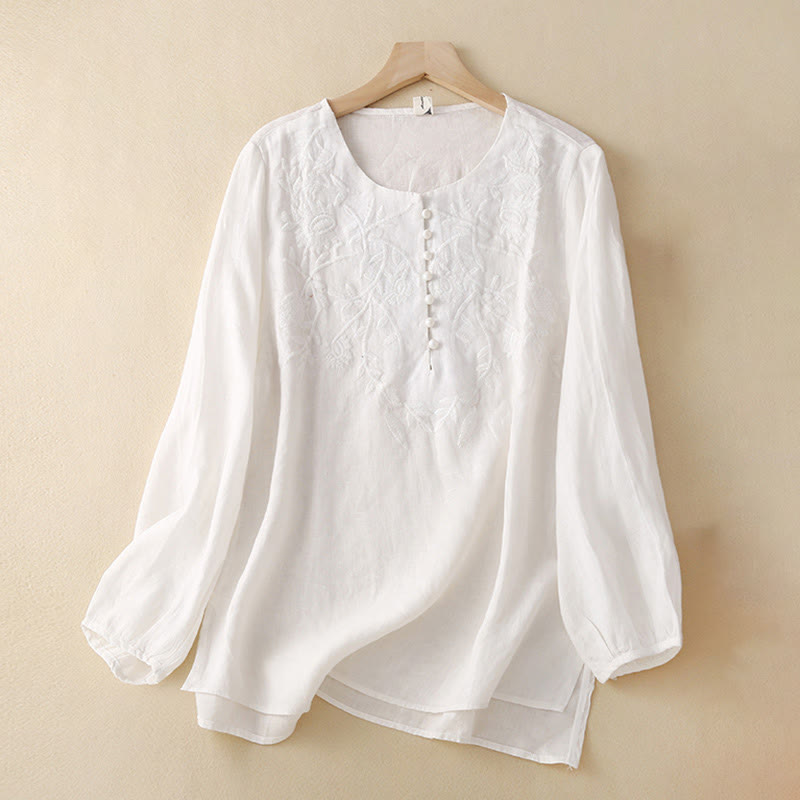 Buddha Stones Casual Haft Kwiat Okrągły Dekolt Długi Rękaw Bawełna Lniany Top Damskie Koszule - Biały - US/UK/AU40, EU50 (2XL) - image 18