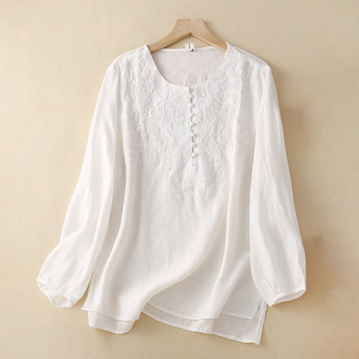 Buddha Stones Casual Haft Kwiat Okrągły Dekolt Długi Rękaw Bawełna Lniany Top Damskie Koszule - Biały - US/UK/AU40, EU50 (2XL) - image 18