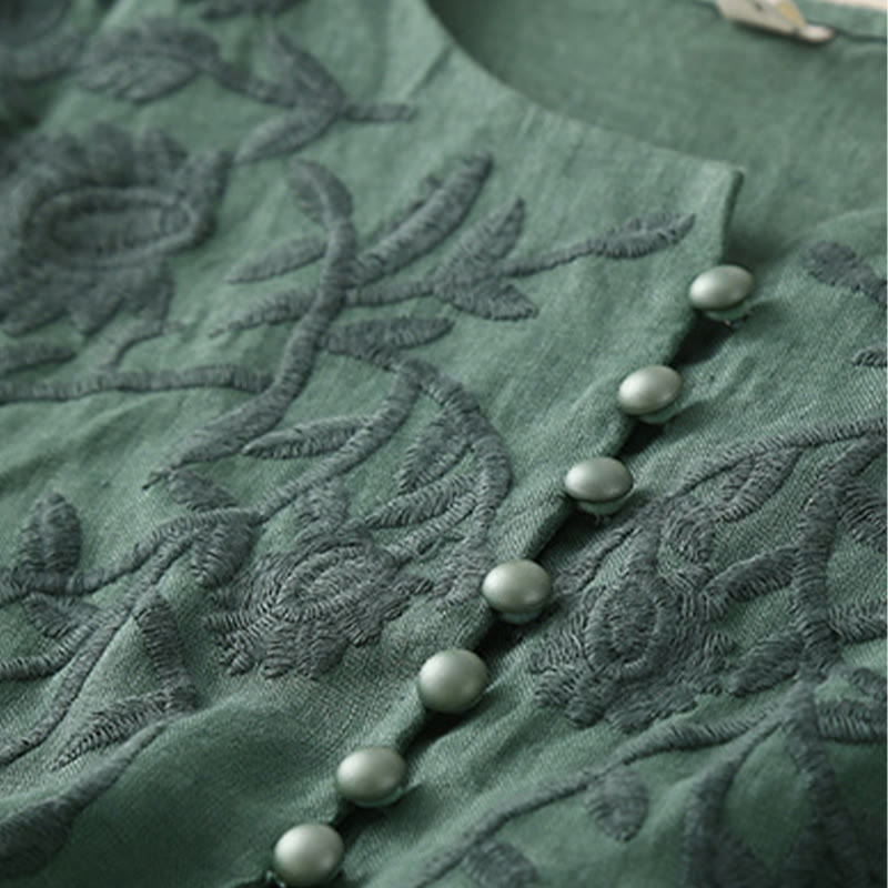 Buddha Stones Casual Haft Kwiat Okrągły Dekolt Długi Rękaw Bawełna Lniany Top Damskie Koszule - image 26