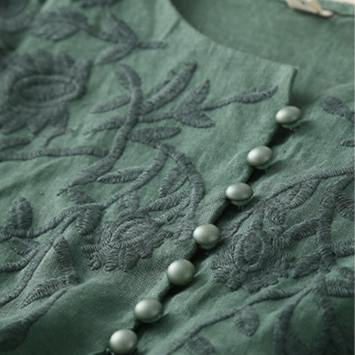 Buddha Stones Casual Haft Kwiat Okrągły Dekolt Długi Rękaw Bawełna Lniany Top Damskie Koszule - image 26