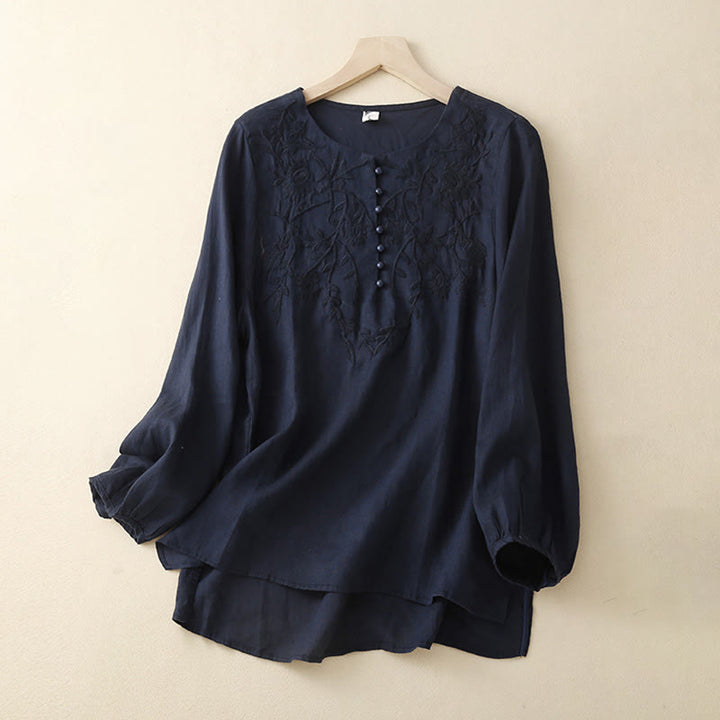 Buddha Stones Casual Haft Kwiat Okrągły Dekolt Długi Rękaw Bawełna Lniany Top Damskie Koszule - MidnightBlue - US/UK/AU40, EU50 (2XL) - image 11