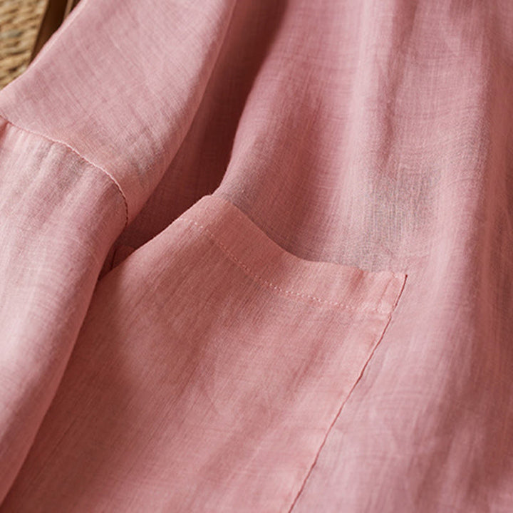 Buddha Stones PLUS SIZE Koszula z dekoltem w serek, swobodna, jednokolorowa, z długim rękawem, bawełniana, lniana, damska