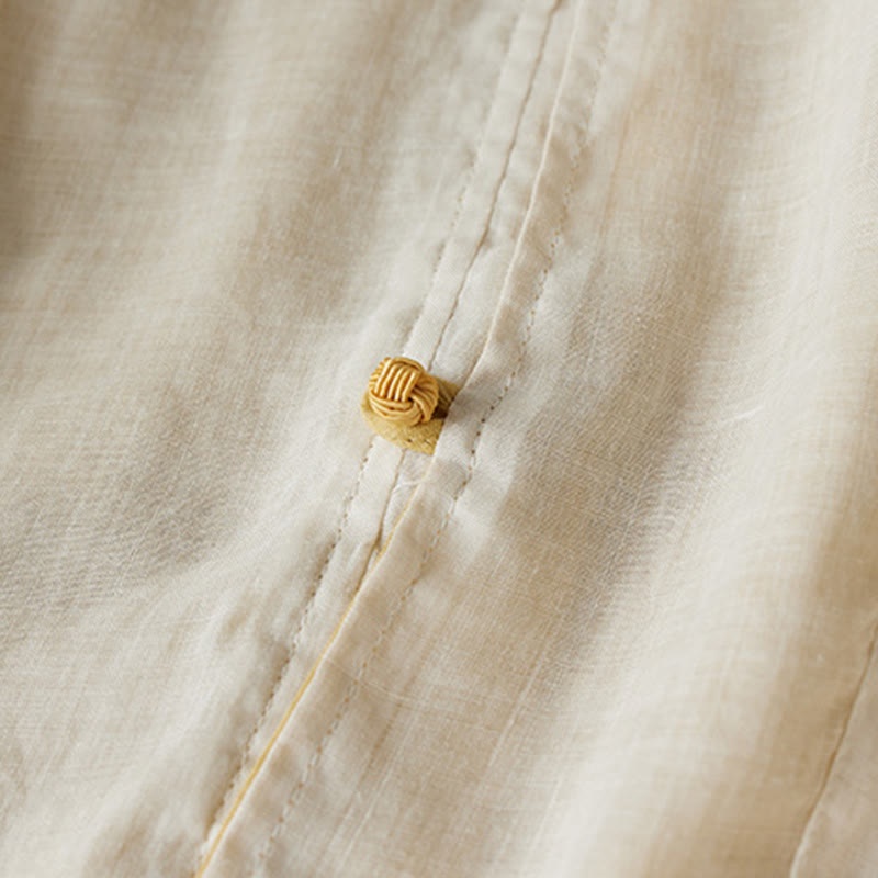 Buddha Stones PLUS SIZE Koszula z dekoltem w serek, swobodna, jednokolorowa, z długim rękawem, bawełniana, lniana, damska